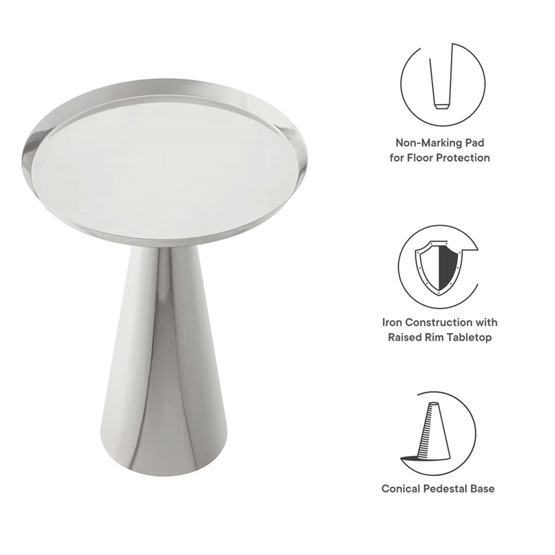 Modway Maren Round Iron Metal Side Table with Conical Pedestal Base in Nickel