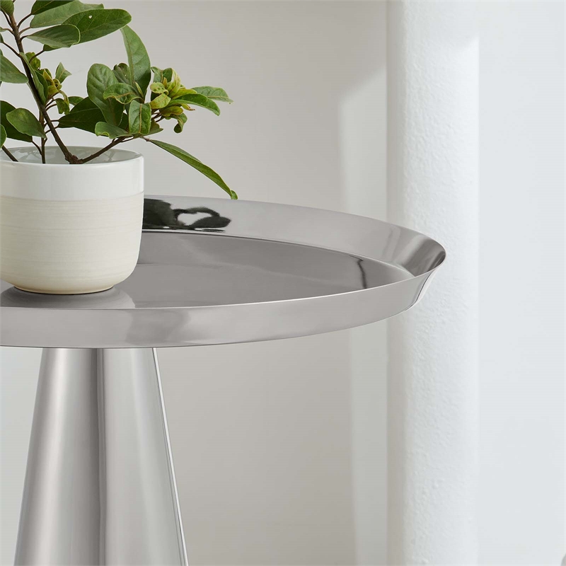 Modway Maren Round Iron Metal Side Table with Conical Pedestal Base in Nickel