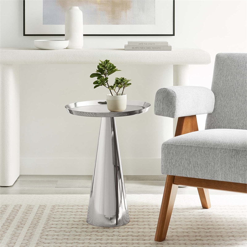 Modway Maren Round Iron Metal Side Table with Conical Pedestal Base in Nickel