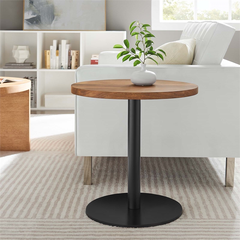 Modway Viva Round Metal & Acacia Wood Side Table in Black and Light Oak