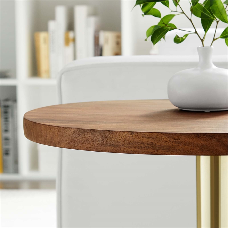 Modway Viva Round Metal & Acacia Wood Side Table in Brass and Light Oak