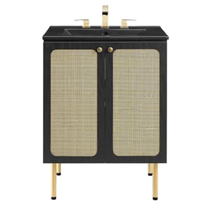 Modway Chaucer 24&quot Wood & Rattan Bathroom Vanity with Adjustable Shelf in Black