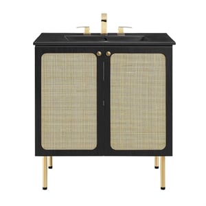 Modway Chaucer 30&quot Wood & Rattan Bathroom Vanity with Adjustable Shelf in Black