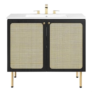 Modway Chaucer 36&quot Wood & Rattan Bathroom Vanity in Black/White