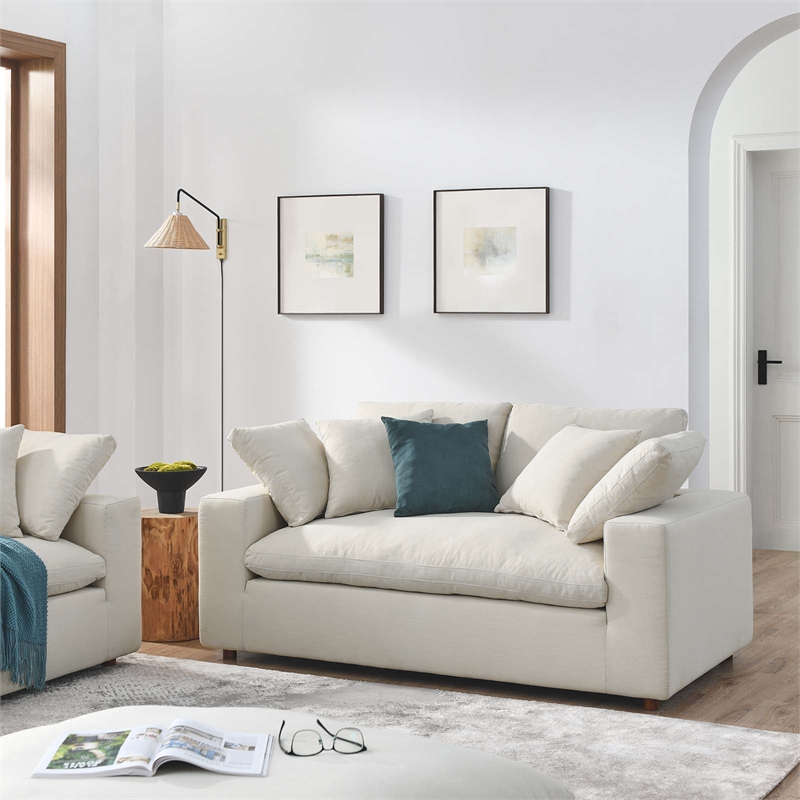 modway commix upholstered modern fabric & wood loveseat in light beige
