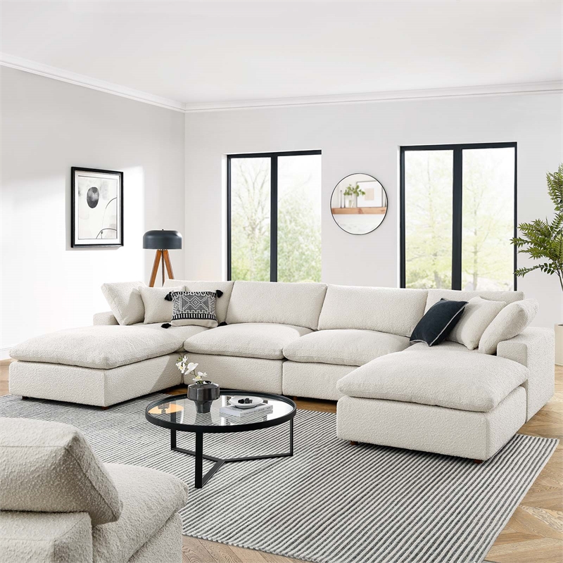 Modway Commix 6-Piece Upholstered Boucle Fabric Sectional Sofa in Ivory