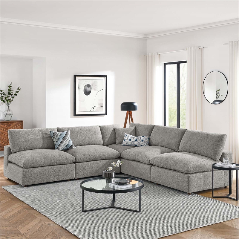Modway Commix 5-Piece Upholstered Modern Fabric Sectional Sofa in Light Gray