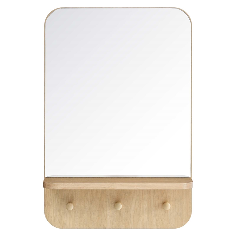 Modway Lumina Modern Wood Mirror with Three Hanging Pegs in Oak
