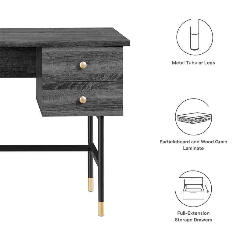 Modway Nexus Metal Tubular Frame Home Office Desk in Black Charcoal/Gold