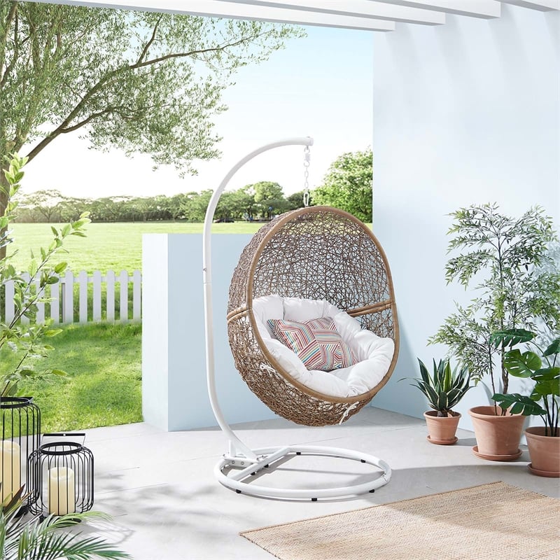 Modway Encase Outdoor Synthetic Rattan Swing Chair in Cappuccino/White
