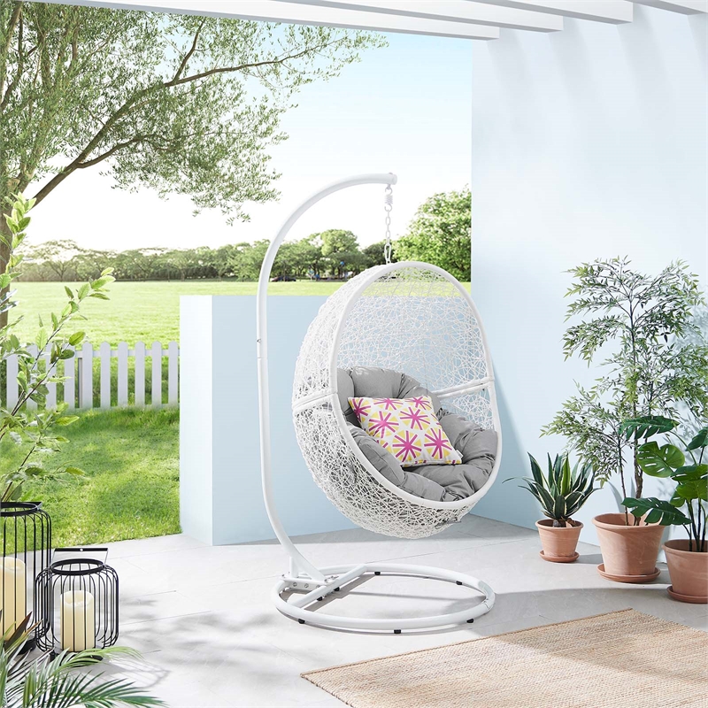 Modway Encase Outdoor Synthetic Rattan Swing Chair in White and Gray