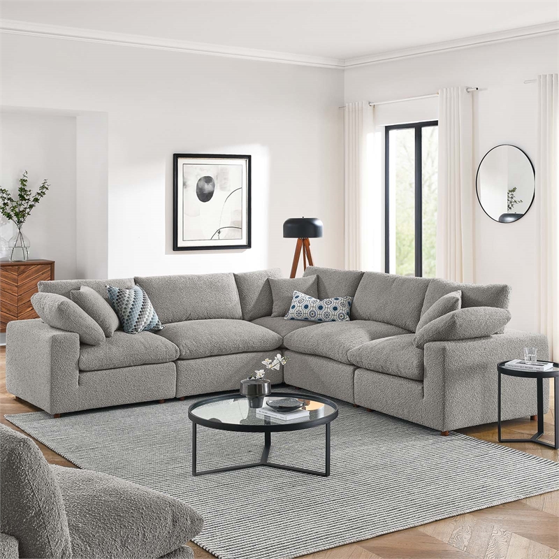Modway Commix 5-Piece Upholstered Fabric & Wood Sectional Sofa in Light Gray