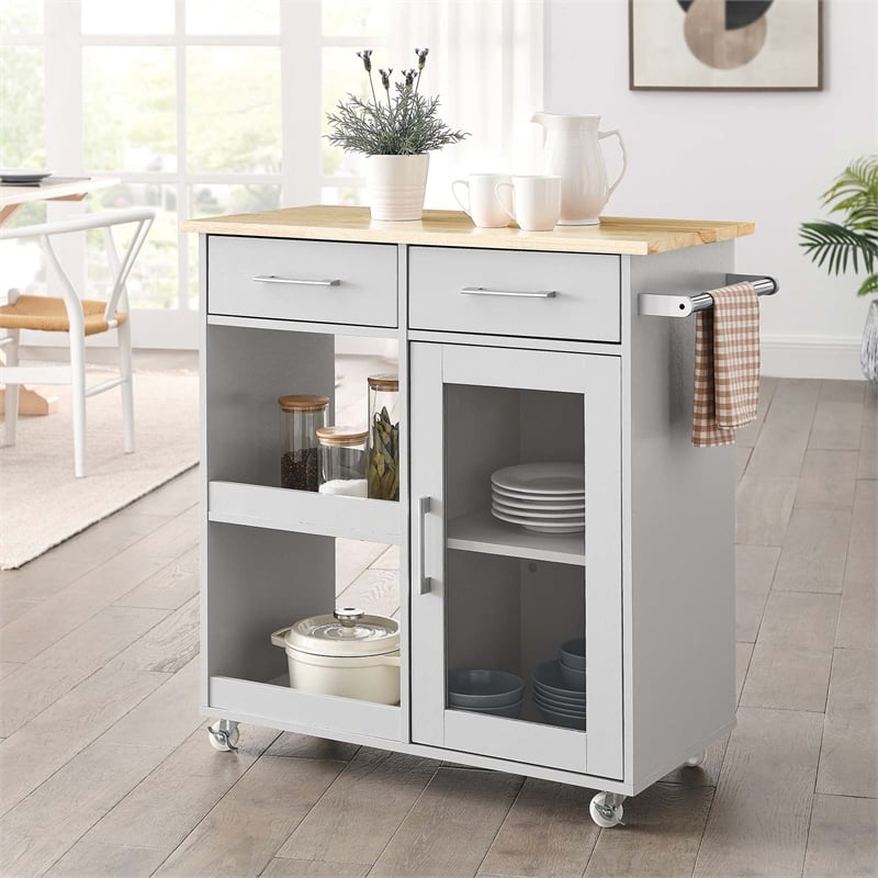 Modway Wood Culinary Kitchen Cart with Towel Bar in Light Gray/Natural