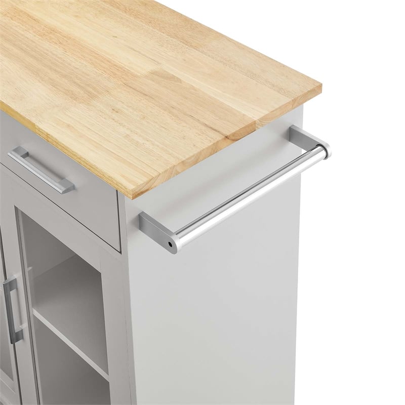 Modway Wood Culinary Kitchen Cart with Towel Bar in Light Gray/Natural