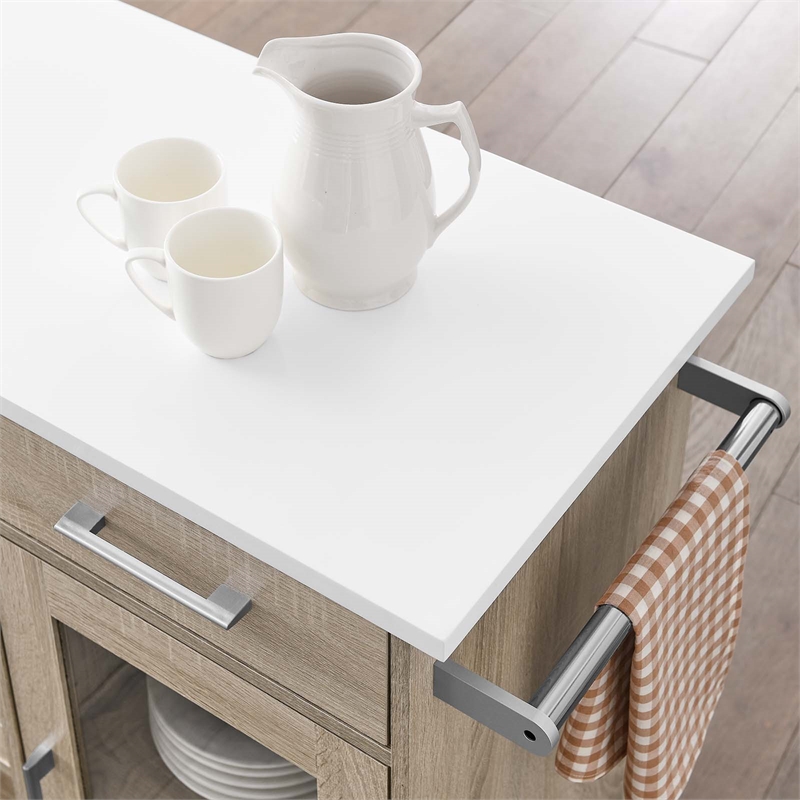 Modway Wood Culinary Kitchen Cart with Towel Bar in Oak/White