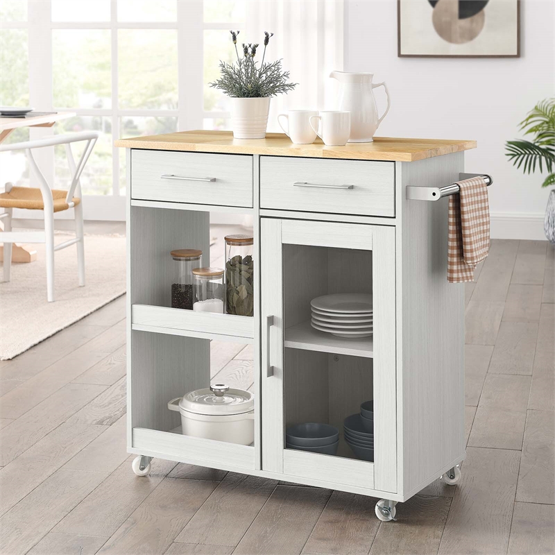 Modway Wood Culinary Kitchen Cart with Full-Glide Drawers in White/Natural