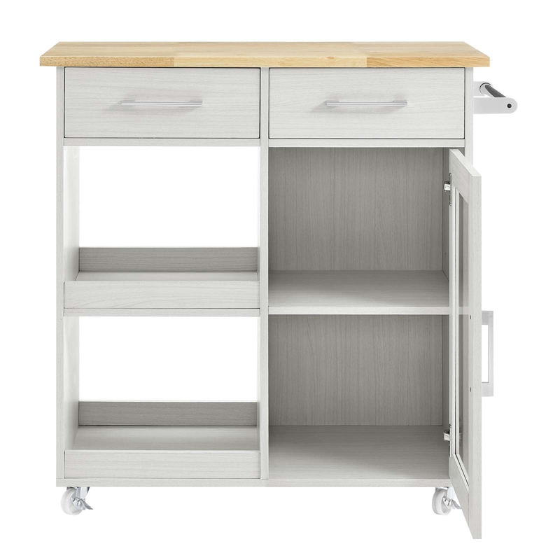 Modway Wood Culinary Kitchen Cart with Full-Glide Drawers in White/Natural