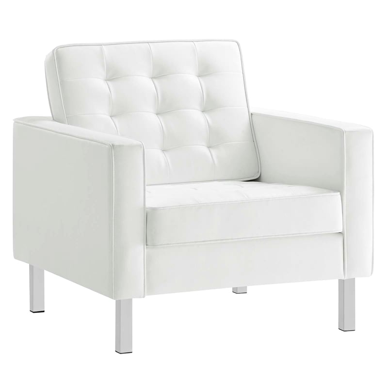 Modway Loft Vegan Leather Vinyl Armchair and Ottoman Set in Silver/White