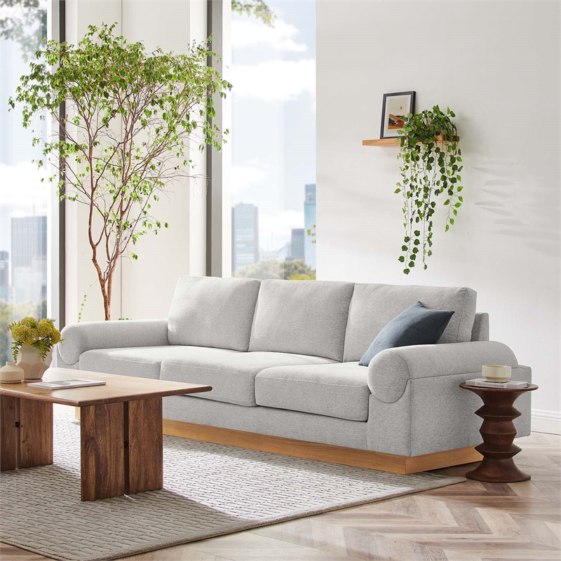Modway Oasis Upholstered Fabric Sofa with Bolster Armrests in Light Gray