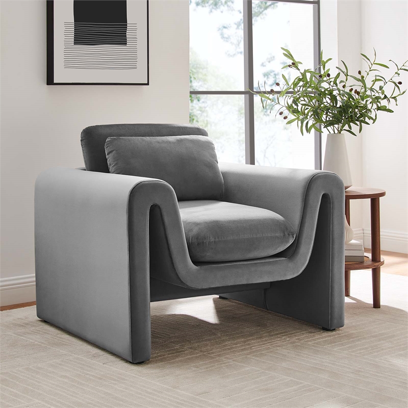 Modway Waverly Upholstered Modern Velvet Fabric Armchair in Gray