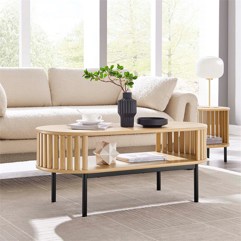 Modway Fortitude Oval Wood Coffee Table with Open Storage in Oak