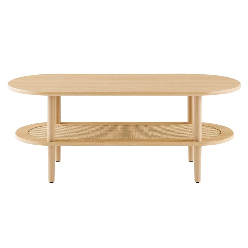 modway torus oval wood coffee table with lower rattan shelf in oak