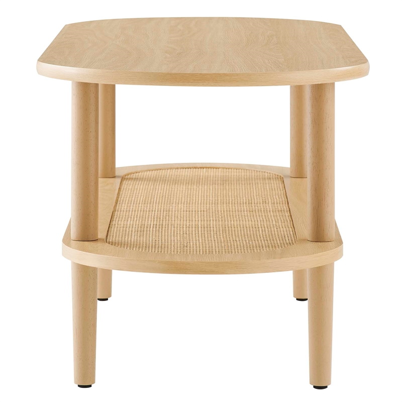 modway torus oval wood coffee table with lower rattan shelf in oak
