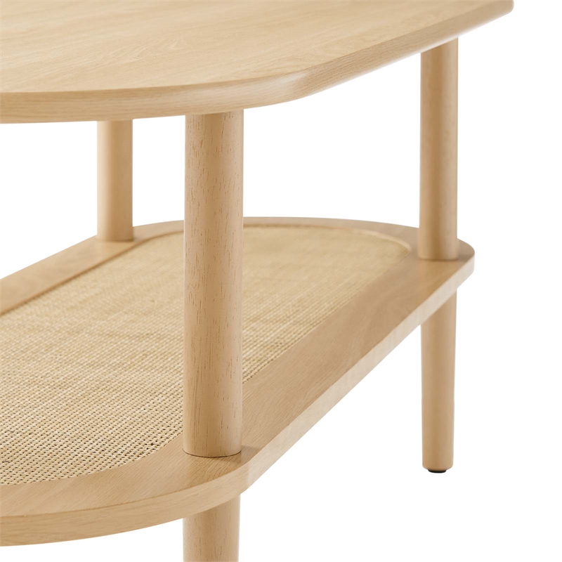 modway torus oval wood coffee table with lower rattan shelf in oak