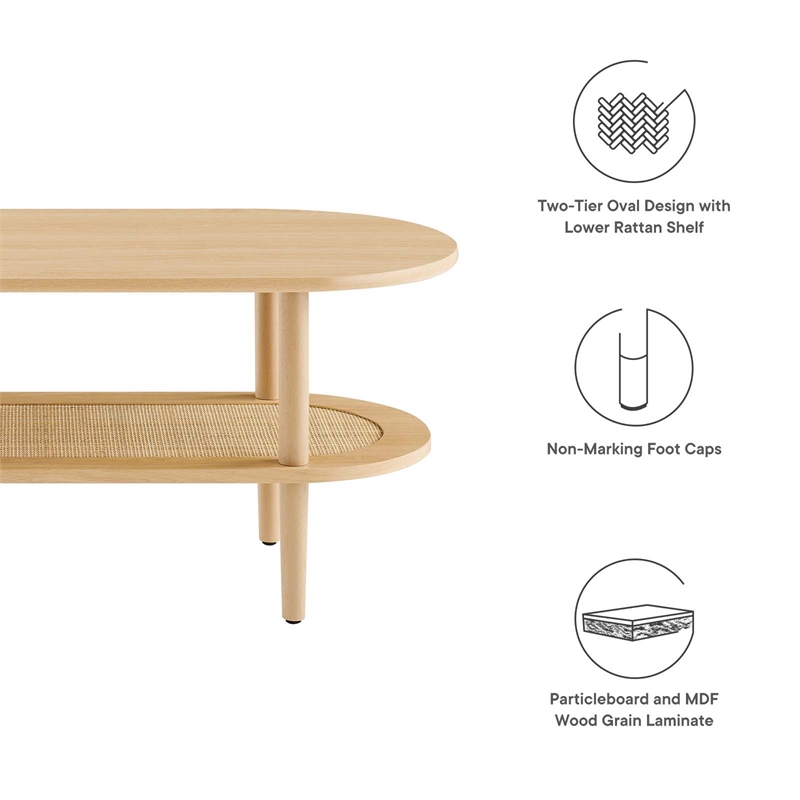 modway torus oval wood coffee table with lower rattan shelf in oak