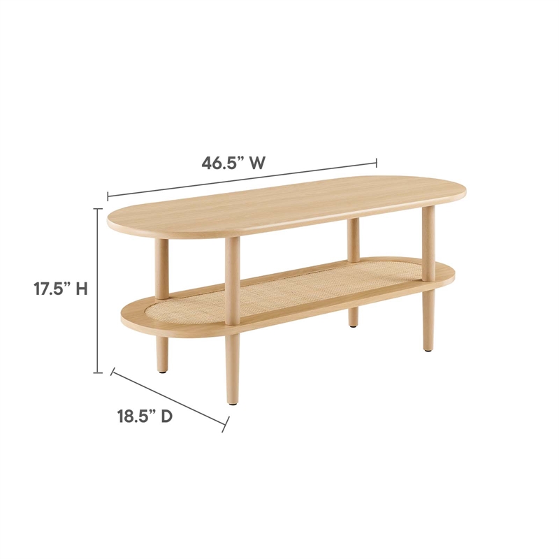 modway torus oval wood coffee table with lower rattan shelf in oak