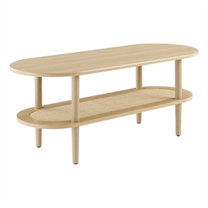 modway torus oval wood coffee table with lower rattan shelf in oak