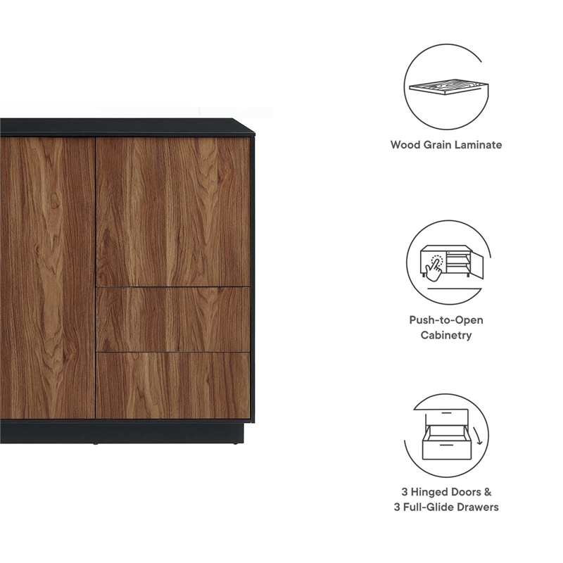 Modway Holden 3-Drawer Wood Sideboard with 3 Hinged Doors in Black/Walnut