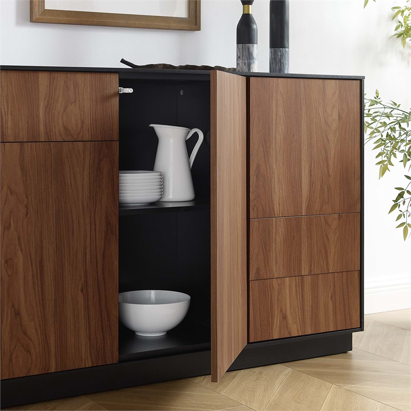 Modway Holden 3-Drawer Wood Sideboard with 3 Hinged Doors in Black/Walnut