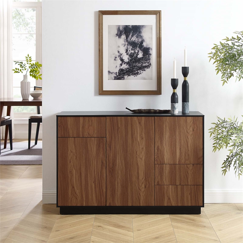Modway Holden 3-Drawer Wood Sideboard with 3 Hinged Doors in Black/Walnut