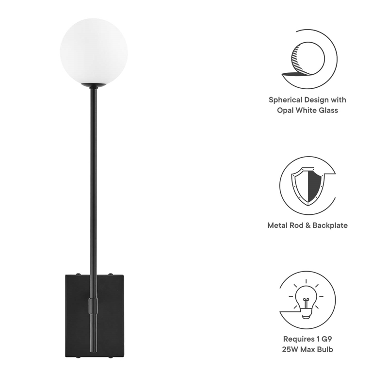 Modway Riva Metal Wall Sconce with Opal White Glass in Black