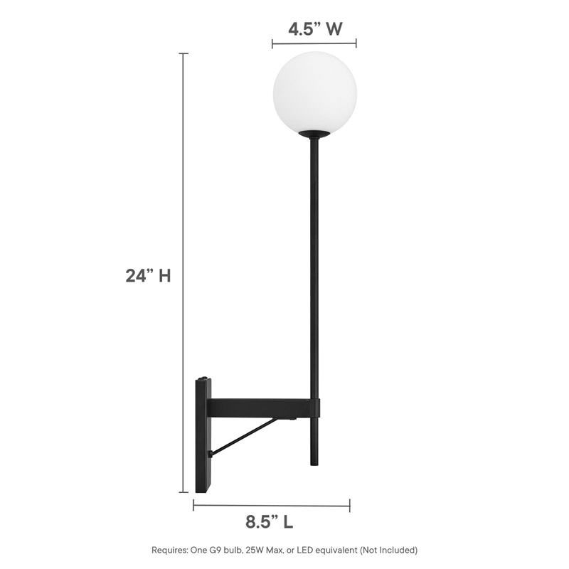 Modway Riva Metal Wall Sconce with Opal White Glass in Black
