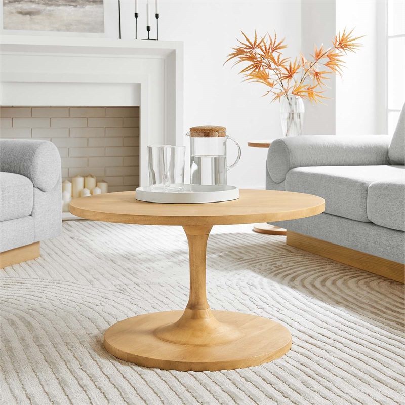 Modway Lina Round Wood Coffee Table with Tapered Pedestal Base in Oak