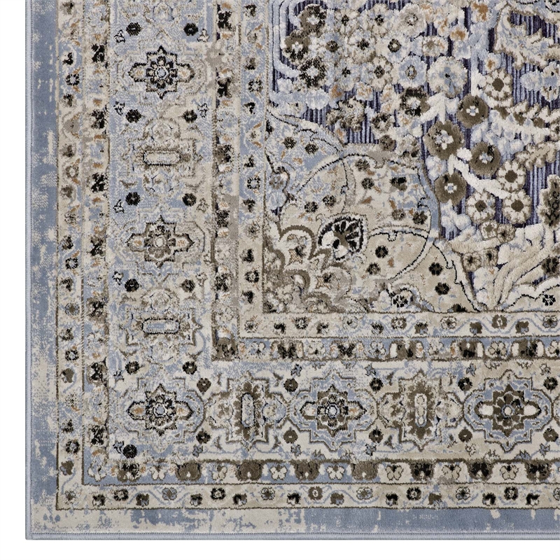 Elqenna Ornate Vintage Floral Turkish 5x8 Area Rug in Blue and Cream