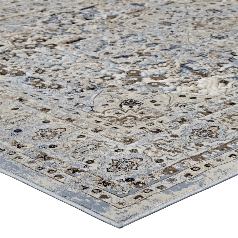 Elqenna Ornate Vintage Floral Turkish 5x8 Area Rug in Blue and Cream