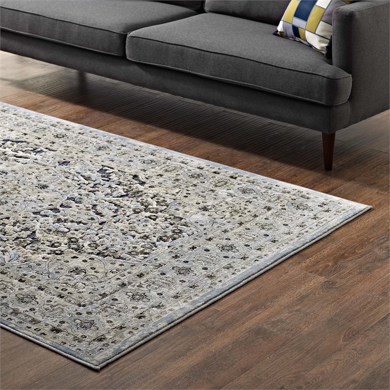 Elqenna Ornate Vintage Floral Turkish 5x8 Area Rug in Blue and Cream