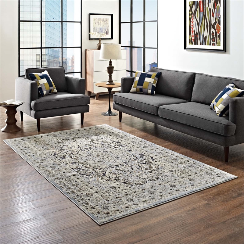 Elqenna Ornate Vintage Floral Turkish 5x8 Area Rug in Blue and Cream