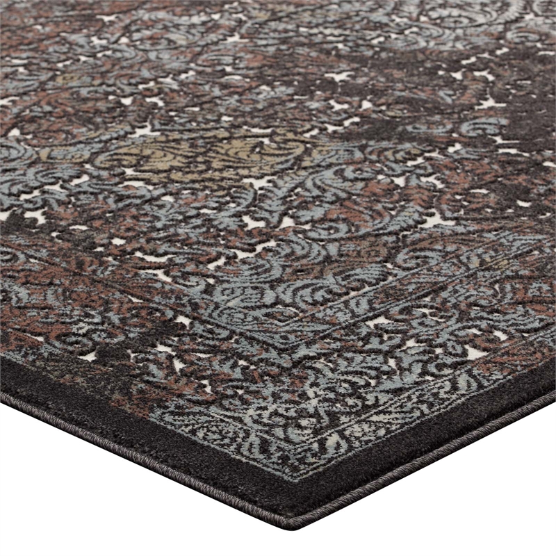 Westia Ornate Turkish 8x10 Vintage Area Rug in Dark Brown and Silver Blue