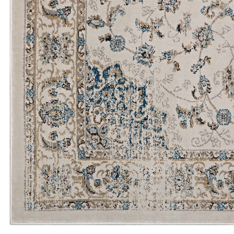 Atara Distressed Vintage Medallion 5x8 Area Rug in Teal and Beige