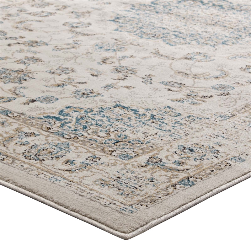 Atara Distressed Vintage Medallion 5x8 Area Rug in Teal and Beige