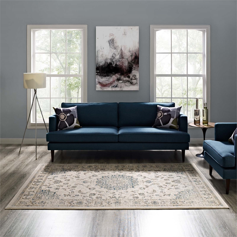 Atara Distressed Vintage Medallion 5x8 Area Rug in Teal and Beige