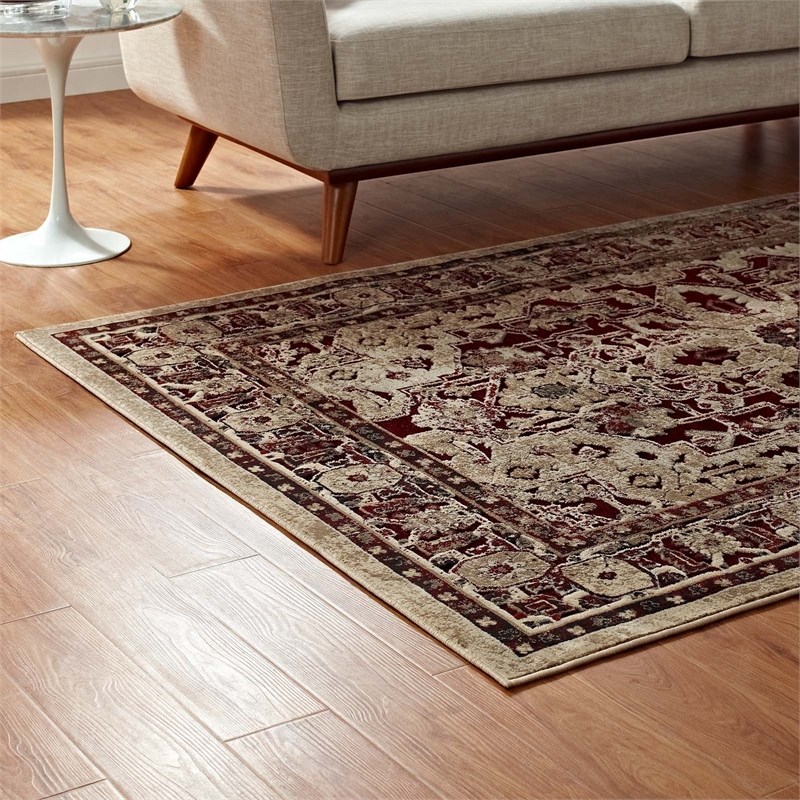 Grania Ornate Vintage Floral Turkish 5x8 Area Rug in Burgundy and Tan