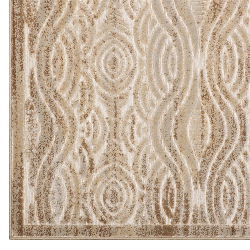 Kennocha Rustic Vintage Abstract Waves 5x8 Area Rug in Tan and Cream
