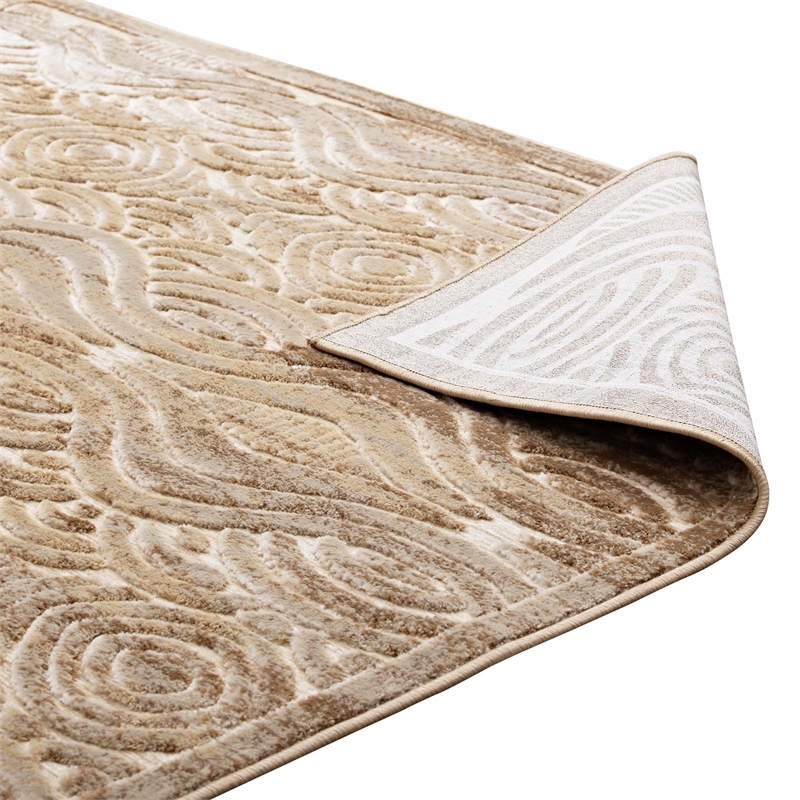 Kennocha Rustic Vintage Abstract Waves 5x8 Area Rug in Tan and Cream