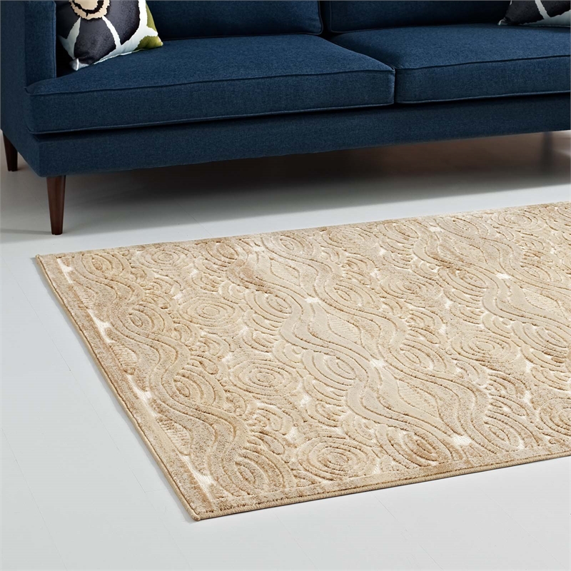 Kennocha Rustic Vintage Abstract Waves 5x8 Area Rug in Tan and Cream