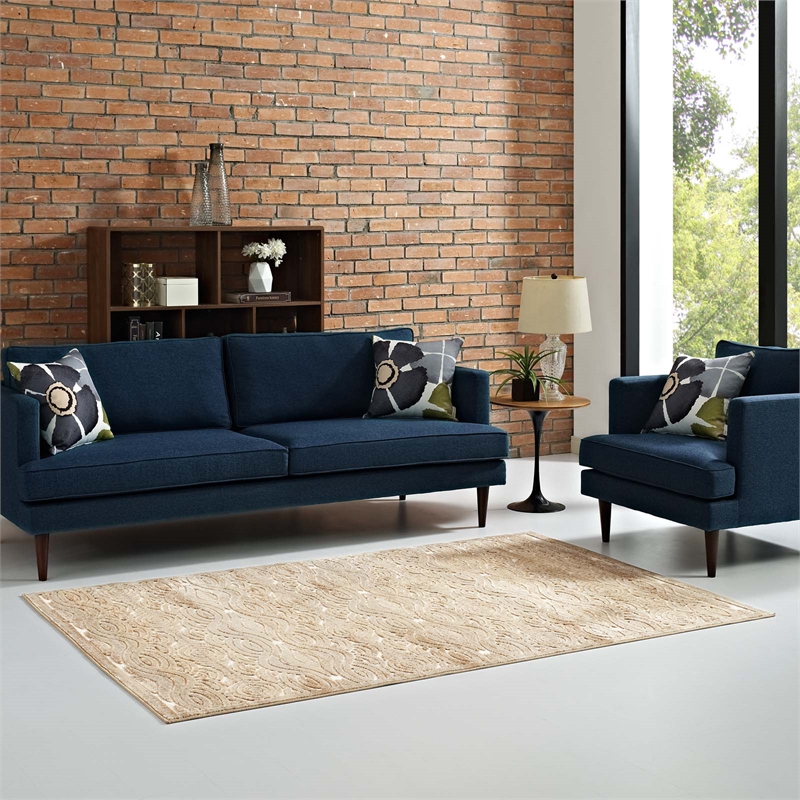 Kennocha Rustic Vintage Abstract Waves 5x8 Area Rug in Tan and Cream